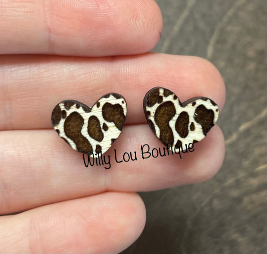 Cow Print Heart Stud Earrings